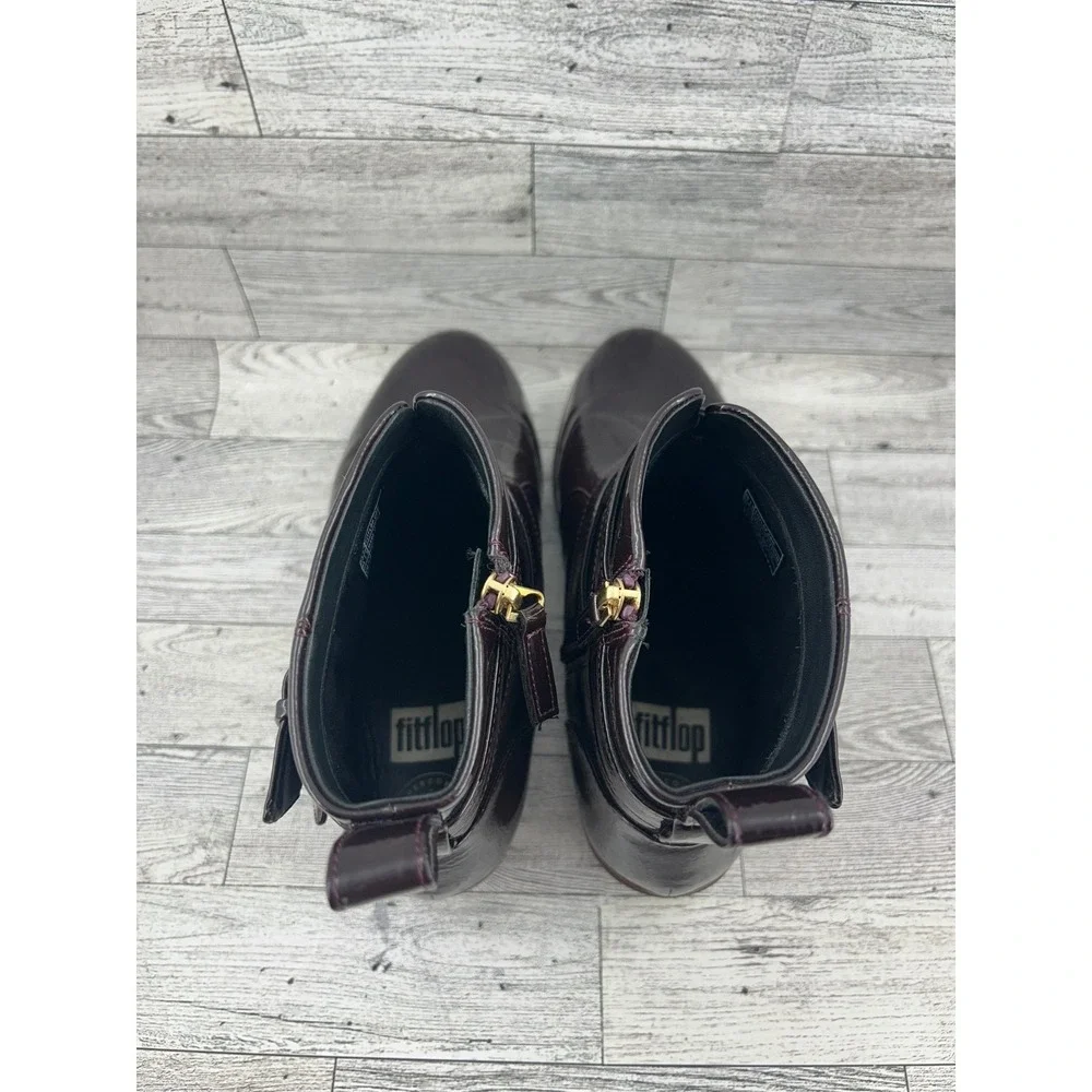 Fitflop Supercomff Comfort Ankle Boots Size US 7.5‎ Gold Buckle Brown Patent